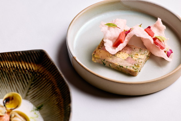 Hawkesbury smoked duck breast, confit legs and foie gras terrine, with pickled rhubarb and seeded mustard.