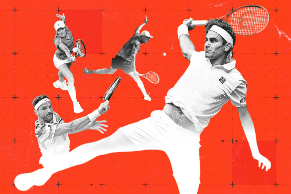 One-handed backhanders (clockwise from top left): Justine Henin, Christopher O’Connell, Roger Federer and Grigor Dimitrov.