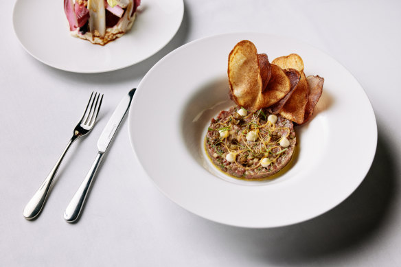 Beef tartare with balsamic, parsnip and egg yolk.