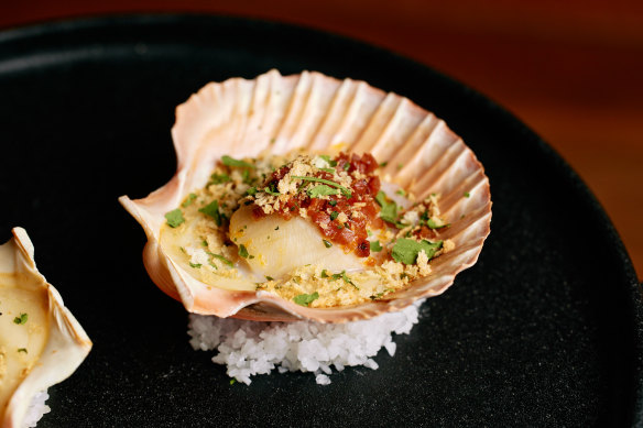 Baked scallops with chorizo, celeriac cream and crumb.