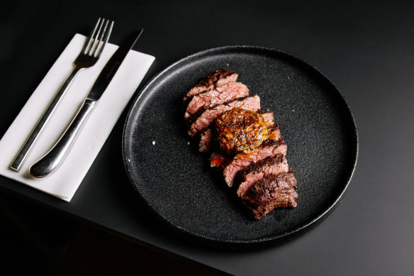 Chargrilled Wagyu bavette steak with Paris butter.