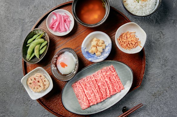 Wagyu short rib teishoku (set meal) served with rice, miso soup, an onsen egg and assorted sides is part of the offering at Omi 380.