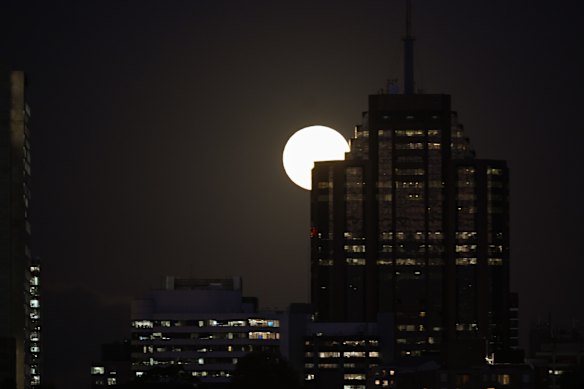 A super moon that is also a blue moon rises over North Sydney. 