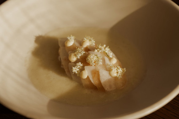 Coral Trout with white asparagus, kohlrabi and nashi pear.