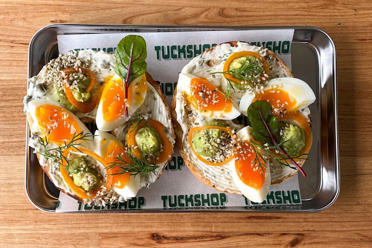 Soft-boiled eggs, avocado, dukkah and a caper and dill schmear at Comma Tuckshop, now open in Moorabbin.  Sister venue to Comma Food & Wine
