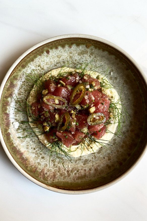 Tuna crudo with gordal olives, pickled chilli and celeriac.