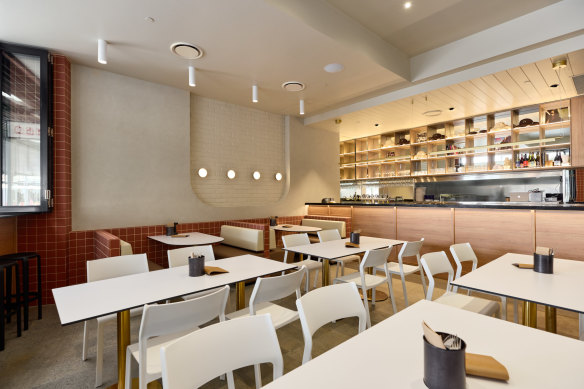 Design firm Lamberts has given the 50-seat dining room (there’s another 45 seats outside) white brick walls, terracotta tiling, restrained feature lighting and a line of booths down one side of the venue.