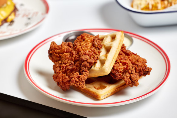 Dumbo’s chicken and waffles with Korean hot honey and buttermilk ranch.