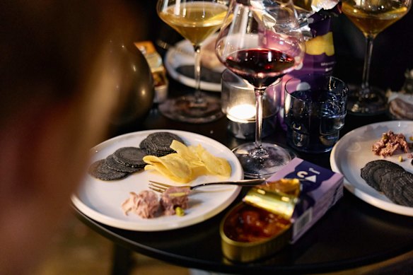 For food, Dark Blue serves snacks such as tinned sardines and octopus, duck cherry pate, and terrine.
