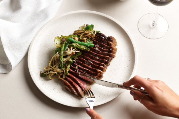 Beef rump cap with grilled vegetable salad.