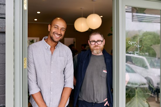 Matt Okine and Dan Wilson at their newly opened LPO wine store in Tarragindi.