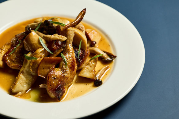 Quail with king and oyster mushrooms.