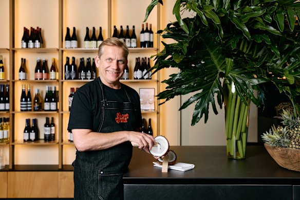 Martin Boetz at Short Grain with his coconut scraper, which can be bought for as little as $5 at your local Asian supermarket.