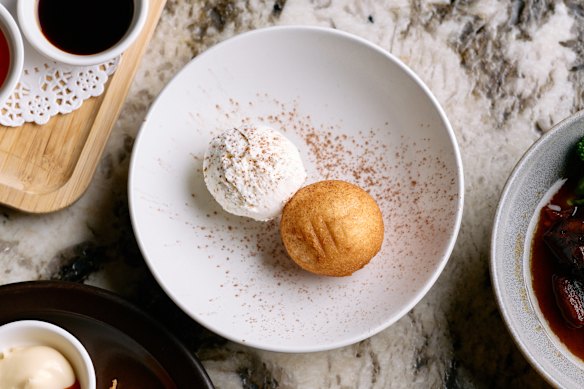 Fried chocolate bao with vanilla ice cream.