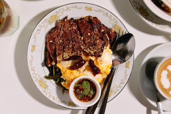 Khao kai kon with coal-grilled scotch fillet.