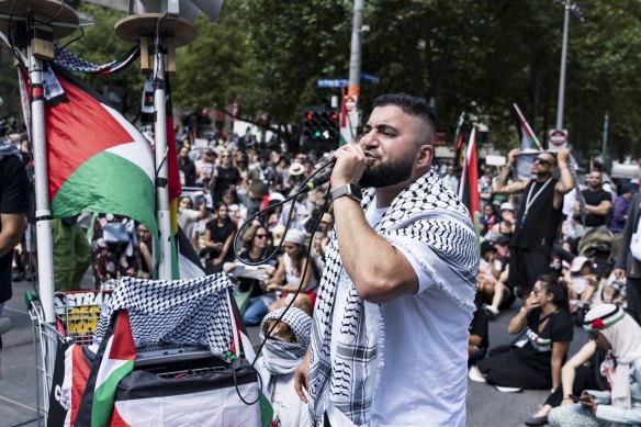 Businessman and pro-Palestinian activist Hash Tayeh, of the Burgertory chain, at a protest in Melbourne.