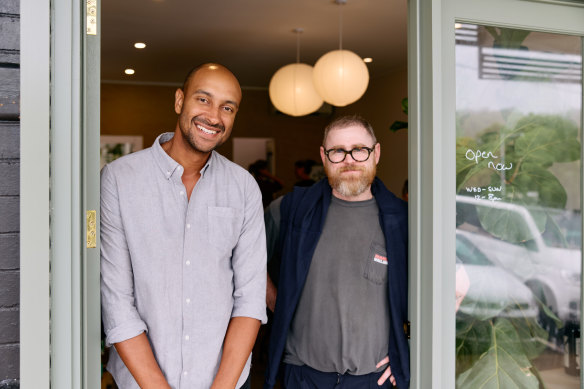 Matt Okine and Dan Wilson at their newly opened LPO wine store in Tarragindi.