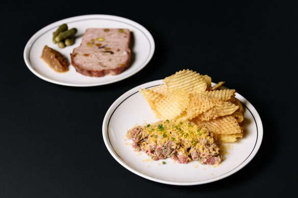 Petite’s pork terrine, and steak tartare with pommes gaufrettes.