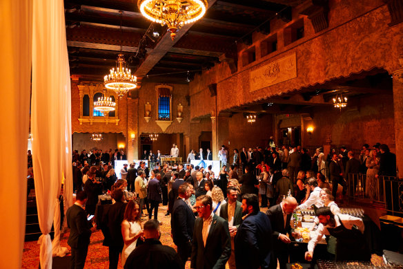 Guests at this year’s Good Food Guide ceremony mingle in the Plaza Ballroom’s baroque surrounds.