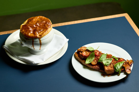 Autumn vegetable pot pie with caramelised onion and gruyere, and fried The Falls Farm eggplant with tomato, shallot and herbs.