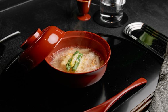 Yuzu and kudzu nimono broth of Canadian snow crab, Japanese tofu and summer asparagus.