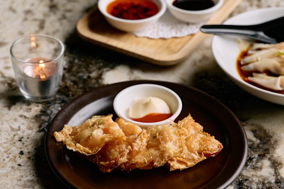 Fu pei gyun (crispy tofu skin roll) with prawn.