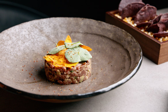 Paroo kangaroo tartare with
spiced mustard, tajin and Azteca hot sauce.