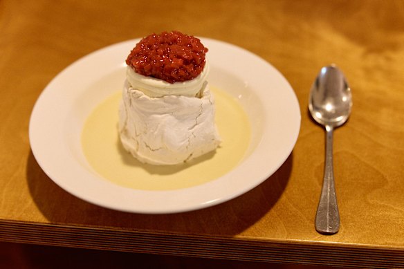 Brown sugar meringue with rhubarb, mascarpone and pistachio.