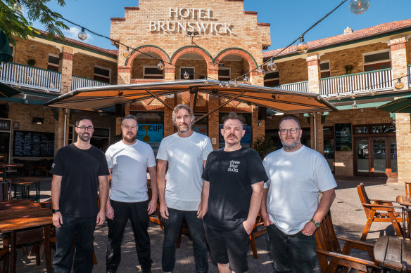 From left: Andy Allen from Three Blue Ducks, head chef at Hotel Brunswick Loki Lynch, Darren Robertson from Three Blue Ducks, regional head chef of Three Blue Ducks Sam Morton and group general manager food at Hotel Brunswick Ben Turner.