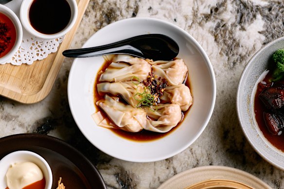 Prawn wontons in soy and chilli oil.