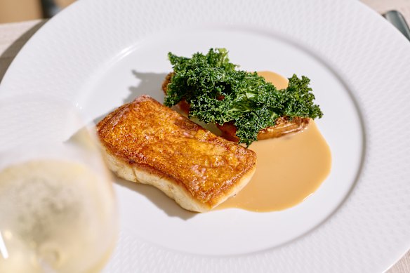 Roast coral trout with pink fir potato, lemon aspen and oyster veloute.