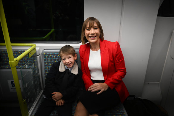 NSW Transport Minister Jo Haylen with her son Dylan on the first Metro train on the M1 at Sydenham station on Monday.