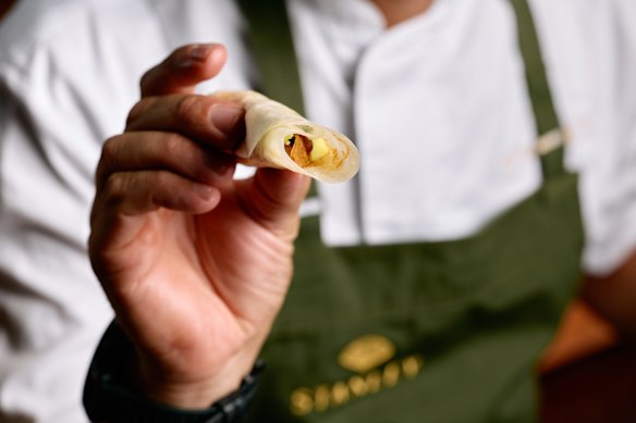 A Peking duck pancake at Stanley, reading for eating.