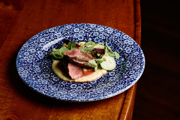 Wild venison tenderloin with a parsnip puree and cucumber salad.