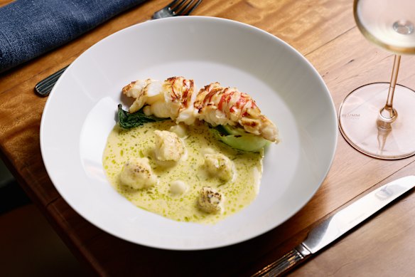 Champagne lobster with cauliflower, beurre blanc, wasabi, pak choi.