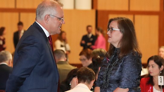 Prime Minister Scott Morrison and Sex Discrimination Commissioner Kate Jenkins during the International Women’s Day Parliamentary breakfast on Thursday.