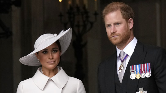 Prince Harry and Meghan Markle, Duke and Duchess of Sussex, leave after a service of thanksgiving for the reign of Queen Elizabeth II in June, 2022.