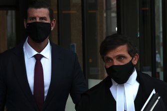 Ben Roberts-Smith and his barrister Arthur Moses, SC, leaving the Federal Court on Monday.