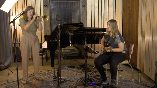 Ellen Kirkwood and Hillary Geddes perform one of the trumpeter's five duets.