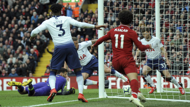 Tottenham's Toby Alderweireld scores an own goal past his goalkeeper, Hugo Lloris, following a header by Mohamed Salah.