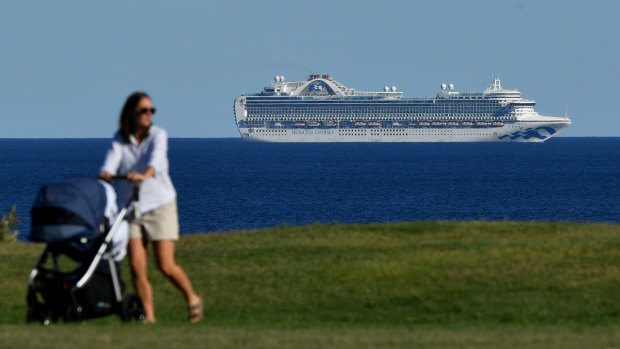 The Ruby Princess waiting off the coast of Sydney on Sunday.