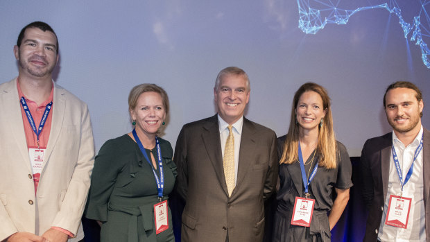 Nick Kamols (PowerWells), Jenny Atkinson (Littlescribe), HRH The Duke of York, Dr Katharine Giles (OncoRes Medical) and Brad Clair (PowerWells) winners of the Pitch@Palace event in Queensland.