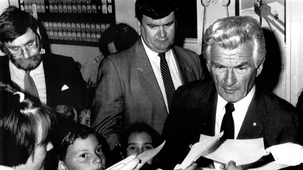 Bob Hawke, right, and Barry Jones, left, at the Questacon science centre in Canberra in 1987.