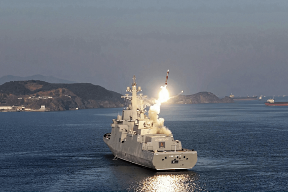 The unnamed destroyer’s sister ship, Choe-Hyun, test launches a missile. Little is known of its actual capabilities.