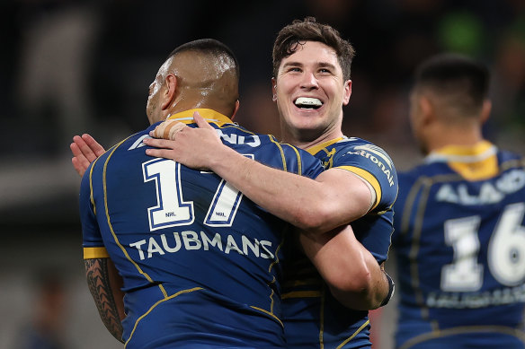 Mitchell Moses enjoys the moment with Marata Niukore. 