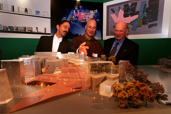 The architects model of the winning Federation Square design looked at by architects Don Bates and Peter Davidson and Professor Neville Quarry.