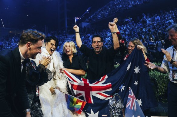 Australia’s delegation celebrate the second semi-final win.
