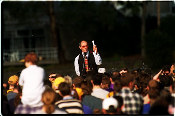 Don Scott at an anti-merger rally.