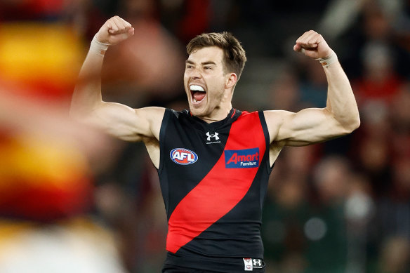 Zach Merrett celebrates a goal against the Crows.