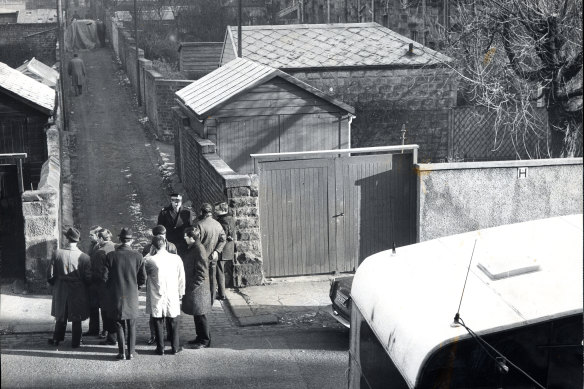 Police at the lane where the body of Patricia Docker was found in 1968. 